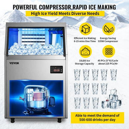 VEVOR 110V Commercial Ice Maker 110LBS/24H with 44lbs Storage Capacity Stainless Steel Commercial Ice Machine 40 Ice Cubes Per Plate Industrial Ice Maker Machine Auto Clean for Bar Home Supermarkets