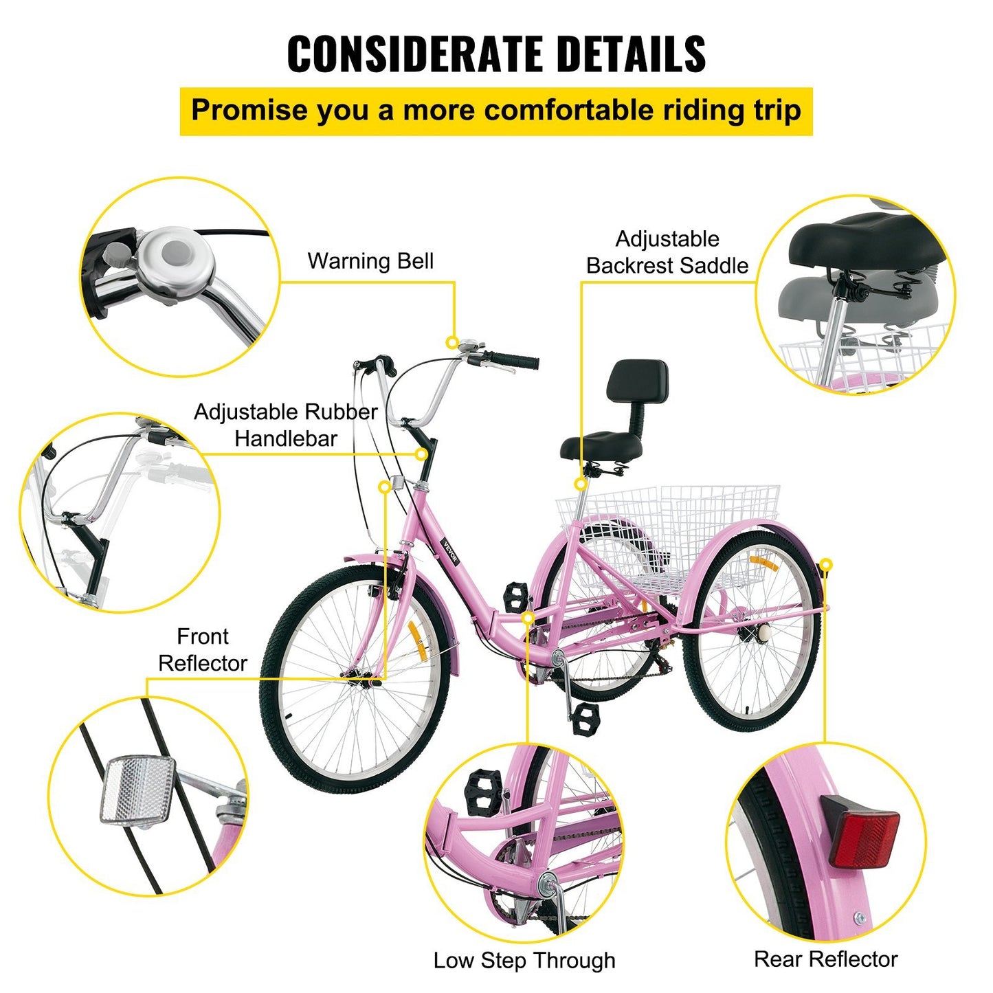 VEVOR Tricycle Adult 26'' Wheels Adult Tricycle 7-Speed 3 Wheel Bikes For Adults Three Wheel Bike For Adults Adult Trike Adult Folding Tricycle Foldable Adult Tricycle 3 Wheel Bike Trike For Adults