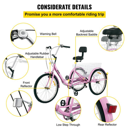 VEVOR Tricycle Adult 26'' Wheels Adult Tricycle 7-Speed 3 Wheel Bikes For Adults Three Wheel Bike For Adults Adult Trike Adult Folding Tricycle Foldable Adult Tricycle 3 Wheel Bike Trike For Adults