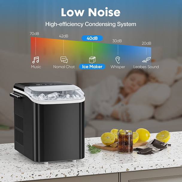 portable ice maker LED display 120W 26 lbs / 24h automatic cleaning, small household, fast refrigeration thick foam layer long effect ice, bullets round ice, automatic closure