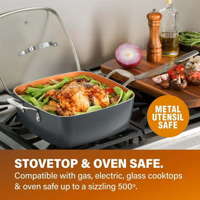 6 Quart XL Nonstick Copper Deep Square All in One 6 Qt Casserole Chef's Pan & Stock Pot- 4 Piece Set, Includes Frying Basket and Steamer Tray, Dishwasher Safe