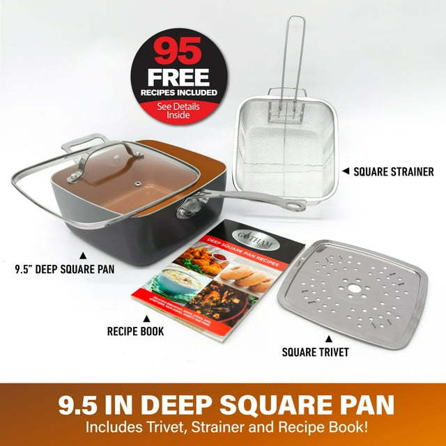 6 Quart XL Nonstick Copper Deep Square All in One 6 Qt Casserole Chef's Pan & Stock Pot- 4 Piece Set, Includes Frying Basket and Steamer Tray, Dishwasher Safe