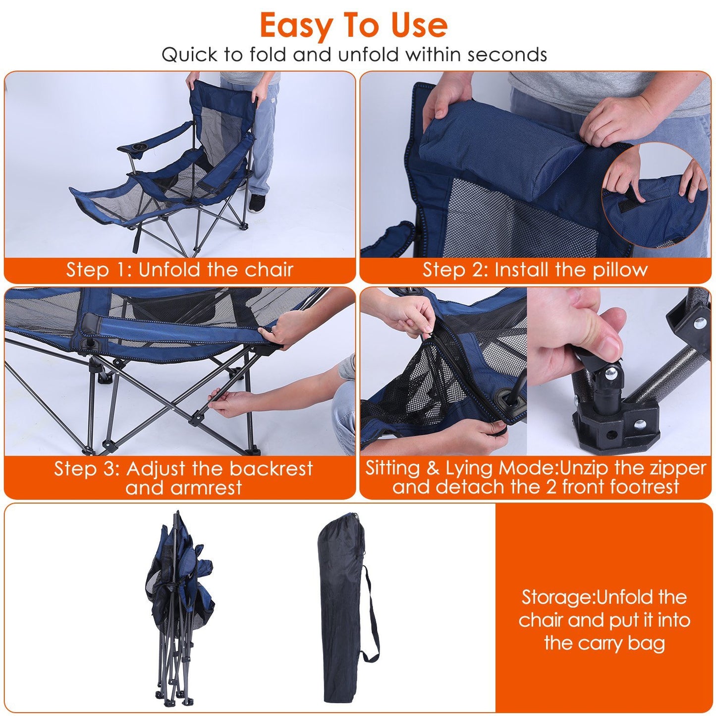 Foldable Camping Chair 330LBS Load Heavy Duty Steel Lawn Chair Collapsible Chair with Reclining Backrest Angle Cup Holder Pillow Side Pocket Carry Bag