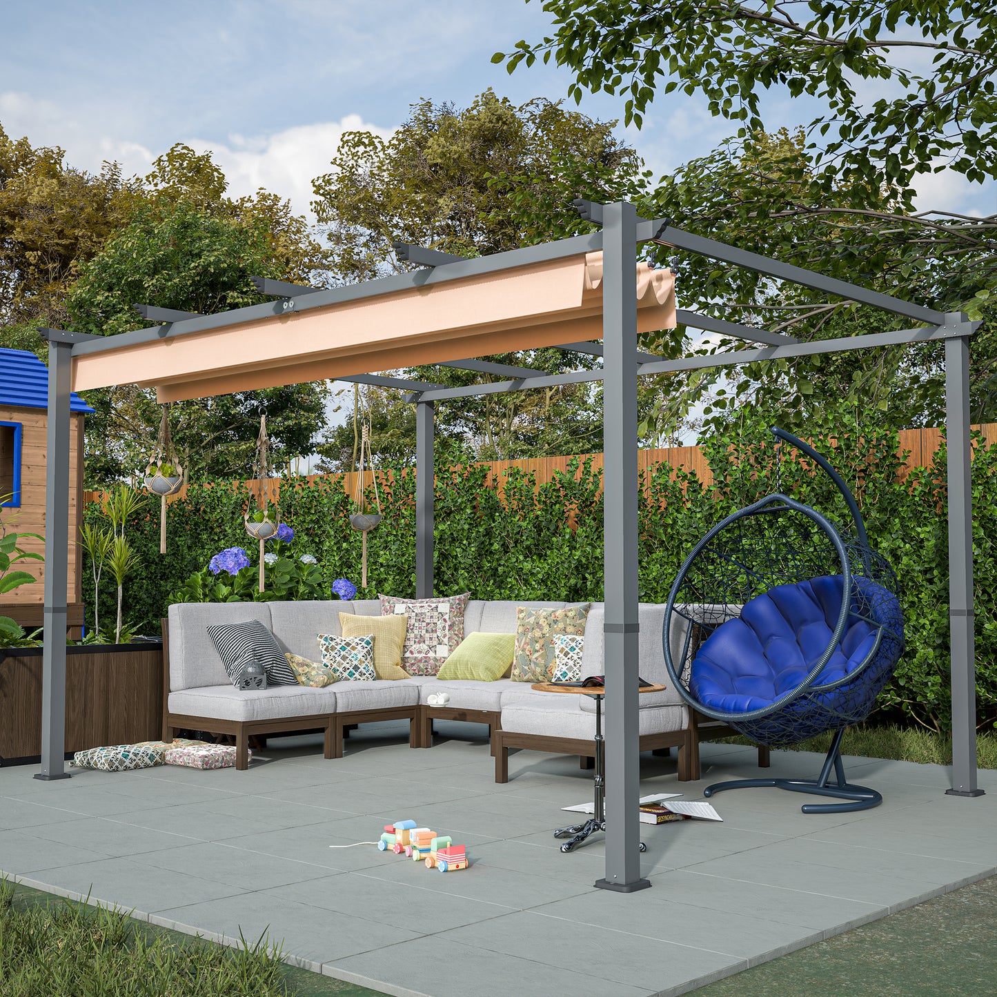 10' x 13' Aluminum Patio Pergola with Retractable Pergola Canopy, Backyard Shade Shelter for Porch, Outdoor Party, Garden, Grill Gazebo, Khaki