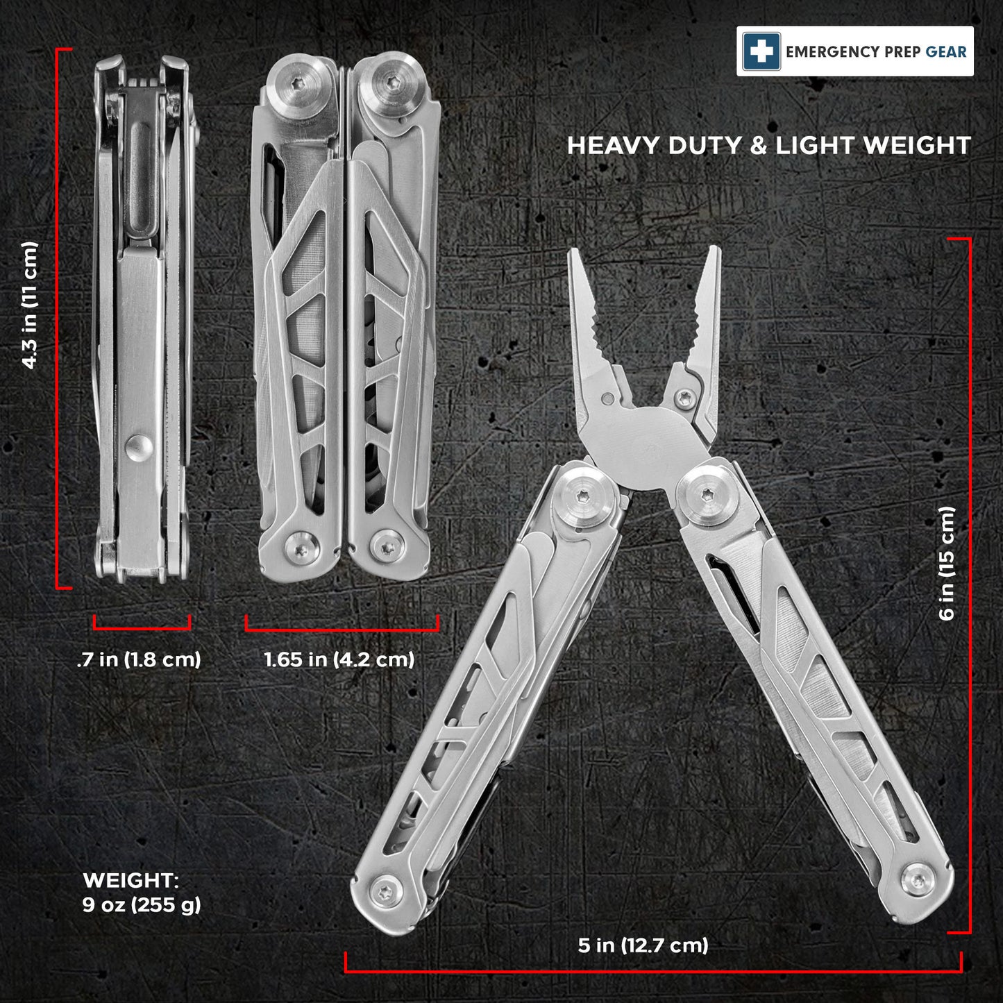 Heavy Duty Multitool | Military Grade Stainless Steel Frame;  Deep Profile Blade;  First Aid Scissors;  Sturdy Pliers;  Cord Cutter;  18 Locking Tools | Survival Multitool;  Camping;  EDC;  Work