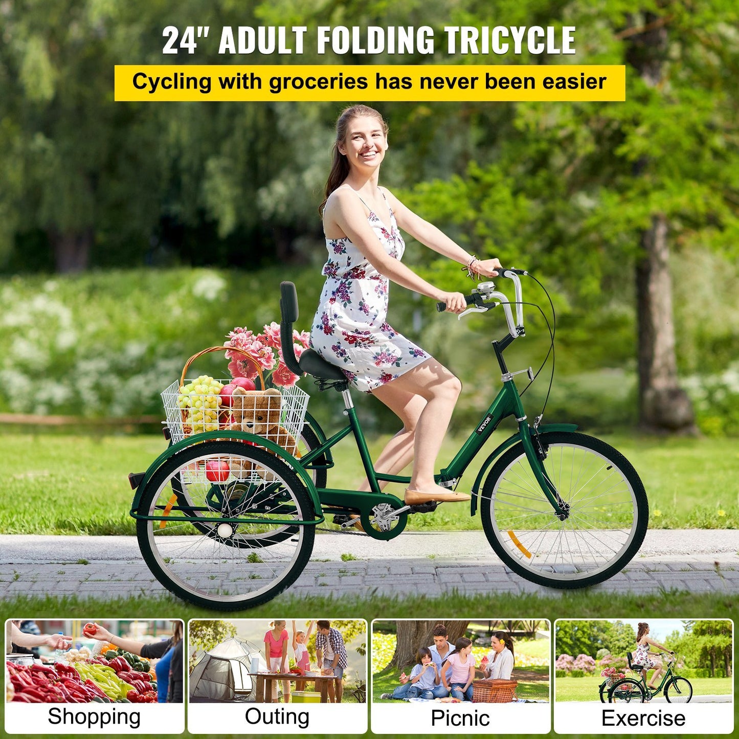 VEVOR Tricycle Adult 24'' Wheels Adult Tricycle 1-Speed 3 Wheel Bikes For Adults Three Wheel Bike For Adults Adult Trike Adult Folding Tricycle Foldable Adult Tricycle 3 Wheel Bike Trike For Adults