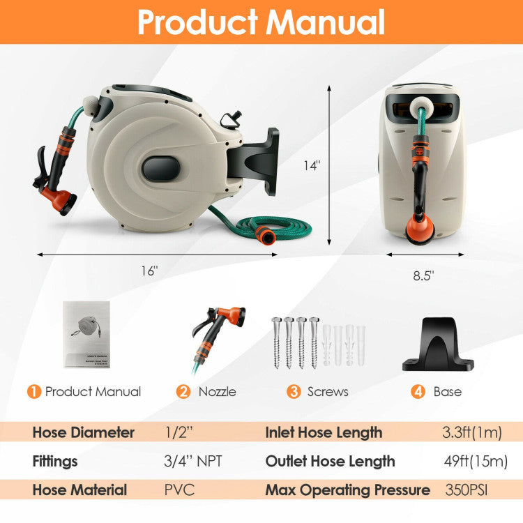 Home & Garden Retractable Hose Reel Wall Mounted With Hose Nozzle