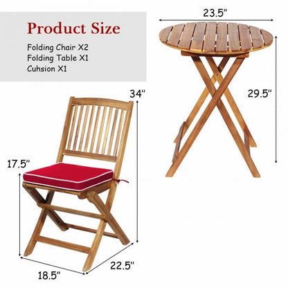 3 Pieces Patio Folding Wooden Bistro Set Cushioned Chair