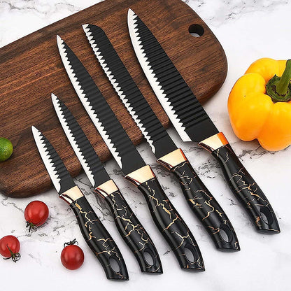 Knife Set for Kitchen, 6-Pieces Black Ultra Sharp Chef Knife Set with Ripple Blade, Marbling Handle Cooking Knife Set with Acrylic Stand for Home Restaurant Apartment