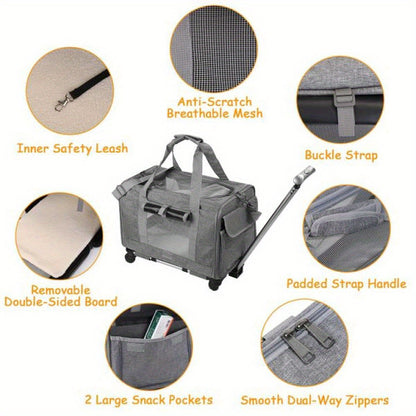 Cat Dog Carrier with Wheels Airline Approved Rolling Pet Carrier with Telescopic Handle Shoulder Strap