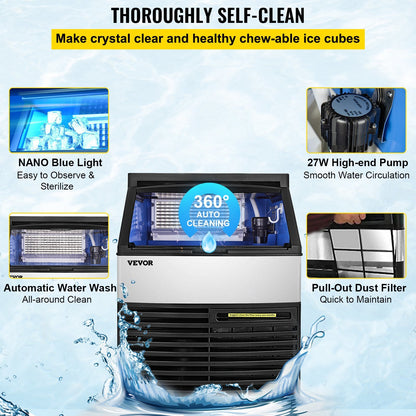 VEVOR 110V Commercial Ice Maker 440LBS/24H with 99LBS Storage Capacity Commercial Ice Machine 144 Ice Cubes Per Plate Include Scoop and Connection Hoses Auto Clean for Bar Home Supermarkets Restaurant