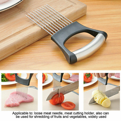 Stainless Steel Onion Holder Slicer Vegetable Tools Tomato Cutter Kitchen Gadget Steel Onion Needle With Cutting Safe Aid Holder Easy Slicer Cutter Tomato Safe Fork Handheld Vegetable Knife Kitchen