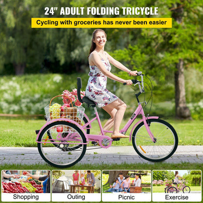 VEVOR Tricycle Adult 26'' Wheels Adult Tricycle 7-Speed 3 Wheel Bikes For Adults Three Wheel Bike For Adults Adult Trike Adult Folding Tricycle Foldable Adult Tricycle 3 Wheel Bike Trike For Adults