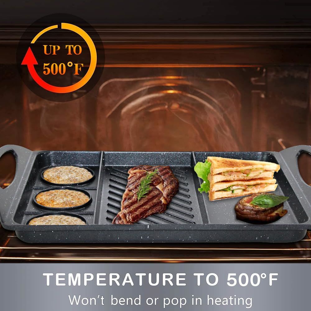 3 in 1 Flat Top Grill Griddle,Griddle Pan for Stove Top Double Burner Grill,Aluminum Pancake Griddle,Non-Stick Top Griddle Grill Compatible with All Stoves,Griddle For Camping/Indoor,Dishwasher Safe