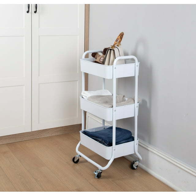 3 Tier Metal Utility Cart Arctic White, Easy Rolling, Indoor, Laundry, Adult and Child