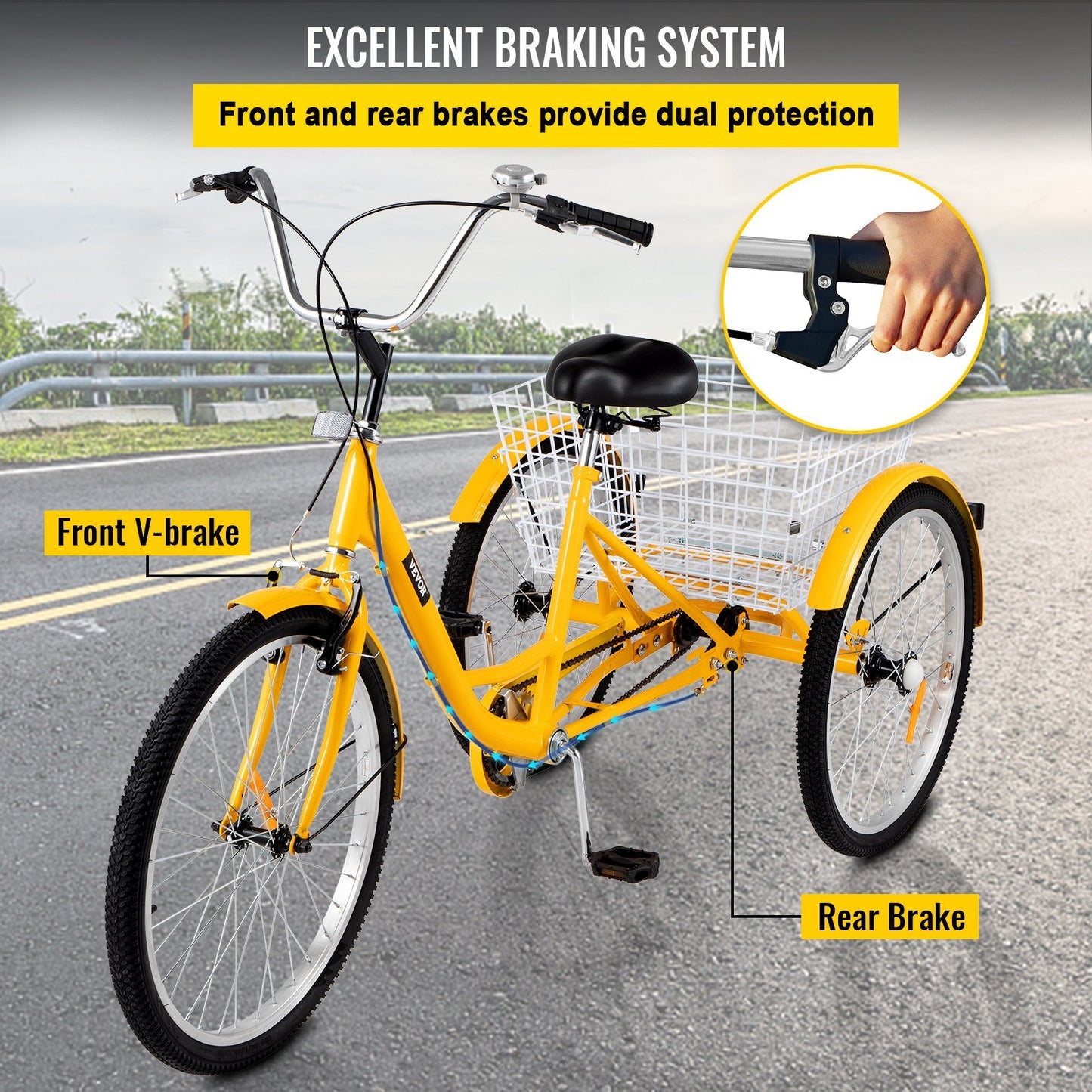 VEVOR Yellow Adult Tricycle 24'' 1-Speed 3 Wheel Bikes, Foldable Adult Tricycle 3 Wheel Bike Trike for Adults, Cruise Bike 24 Inch Seat Adjustable Trike with Bell, Brake System and Basket for Shopping