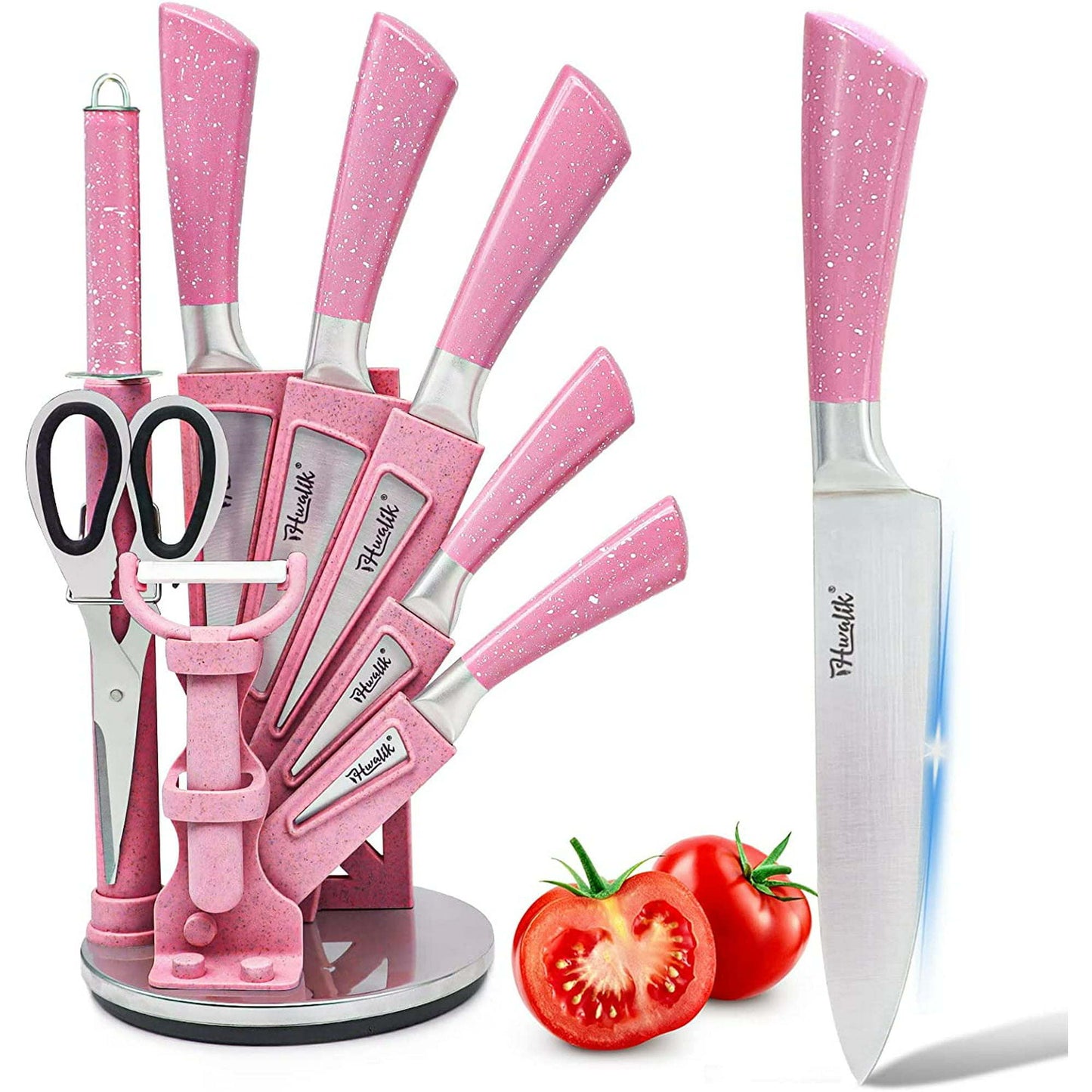 Kitchen Knife Set, 9PC Pink Wheat Straw Sharp Cooking Knife Set with Acrylic Stand, Stainless Steel Non-stick Chef with Comfortable Handle for Slicing Cutting Peeling Chopping