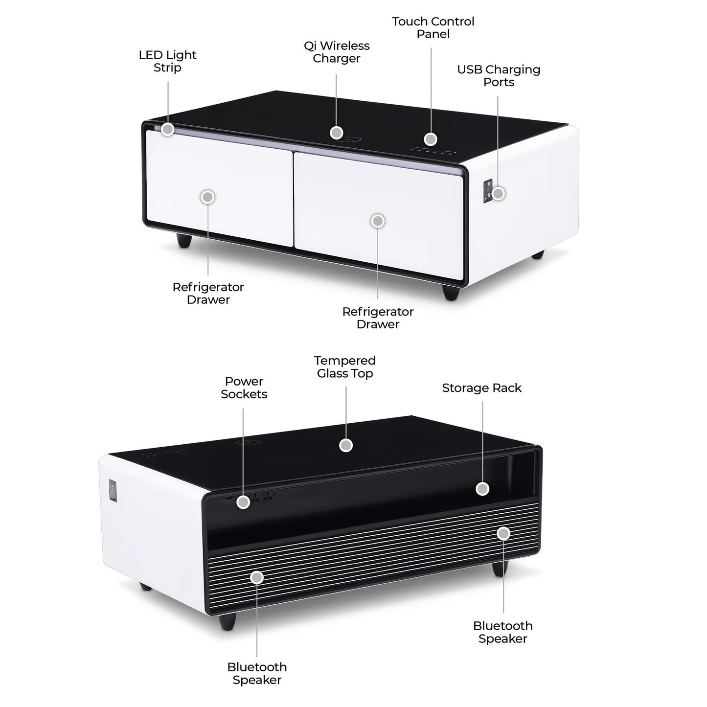 Modern Smart Coffee Table with Built-in Fridge, Bluetooth Speaker, Wireless Charging, Touch Control Panel, Power Socket, USB Interface, Outlet Protection, Atmosphere light