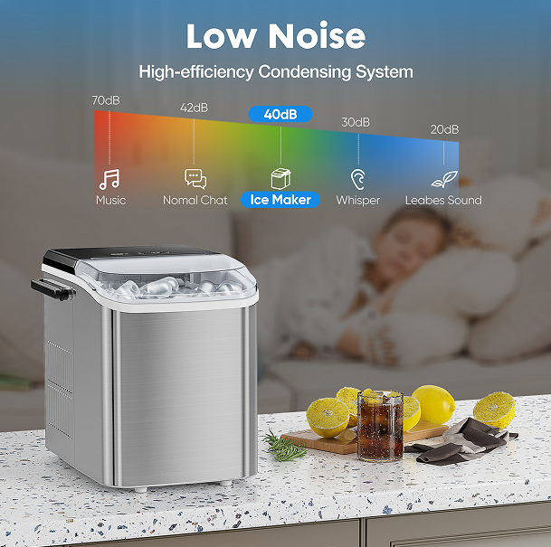 portable ice maker LED display 120W 26 lbs / 24h automatic cleaning, small household, fast refrigeration thick foam layer long effect ice, bullets round ice, automatic closure