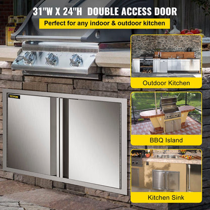 VEVOR BBQ Access Door 31W x 24H Inch, Double BBQ Door Stainless Steel with Recessed Handle, Outdoor Kitchen Doors for BBQ Island, Grill Station, Outside Cabinet