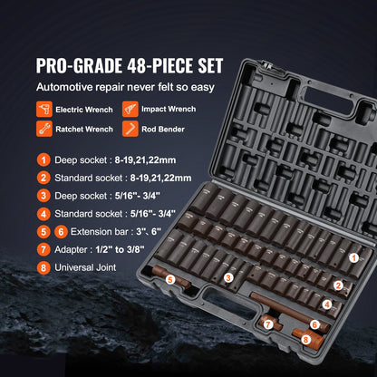 VEVOR 3/8" Drive Impact Socket Set, 48 Piece Socket Set SAE (5/16" -3/4") & Metric (8-22mm)6 Point Cr-V Drive Extension Bar Universal Joint & Power Drill Adapter Includes Storage Case