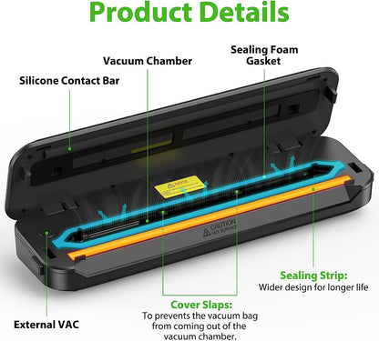 KOIOS Vacuum Sealer Machine, 86Kpa Automatic Vacuum Air food sealer/Built-in Cutter Starter Kit, Dry & Moist Food Preservation Modes, Pulse Function, LED Indicator Lights, Black