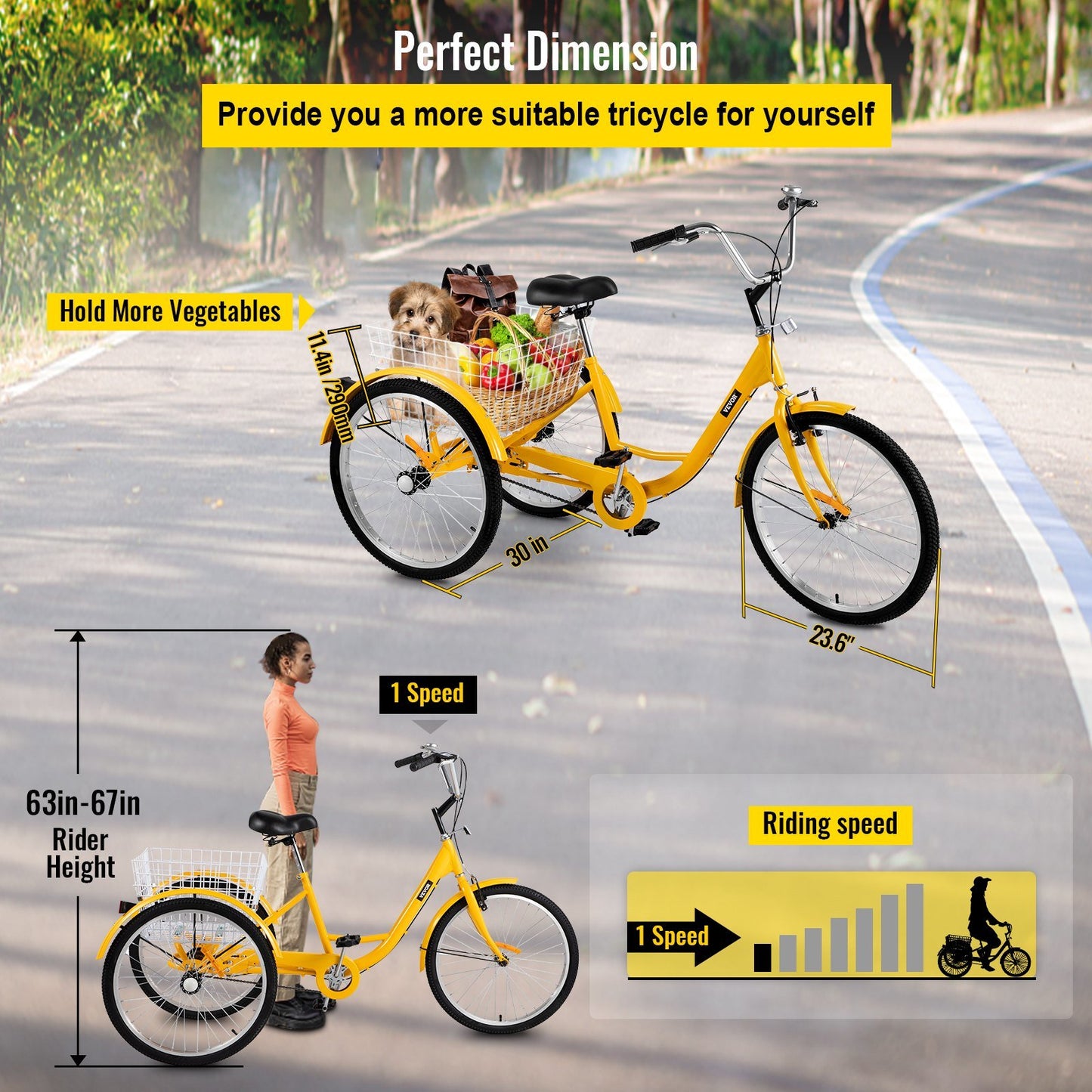 VEVOR Yellow Adult Tricycle 24'' 1-Speed 3 Wheel Bikes, Foldable Adult Tricycle 3 Wheel Bike Trike for Adults, Cruise Bike 24 Inch Seat Adjustable Trike with Bell, Brake System and Basket for Shopping