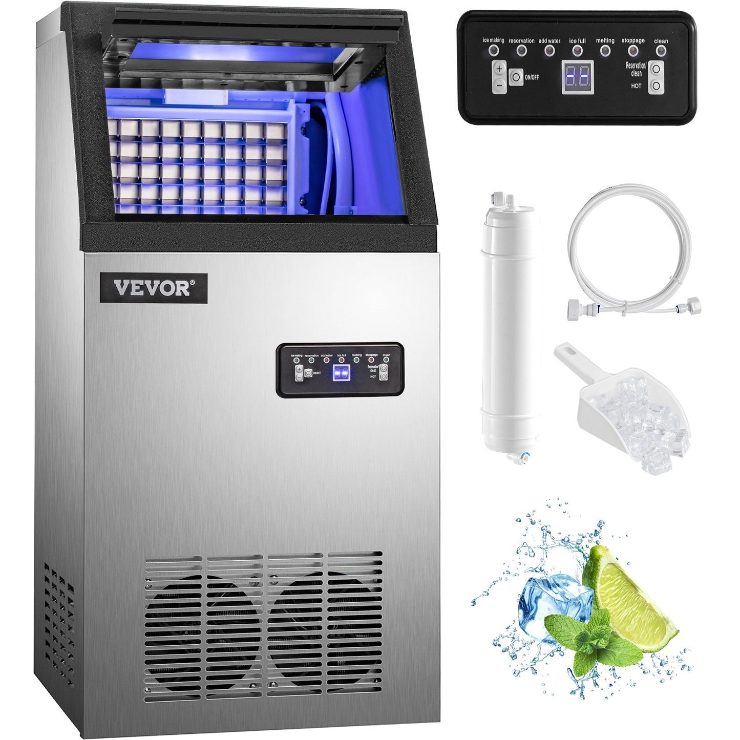 VEVOR 110V Commercial Ice Maker 88LBS/24H with 22LBs Storage Ice Maker Machine Stainless Steel Portable Automatic Ice Machine with Scoop and Connection Hoses Perfect for Restaurants Bars Cafe