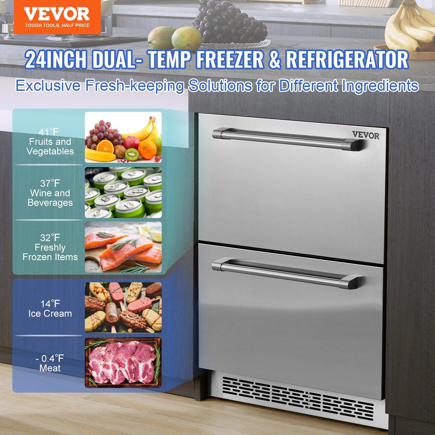 VEVOR 24 inch Undercounter Refrigerator, 2 Drawer Refrigerator with Different Temperature, 4.87 Cu.ft. Capacity, Waterproof Indoor and Outdoor Under Counter Freezer Fridge for Home and Commercial Use