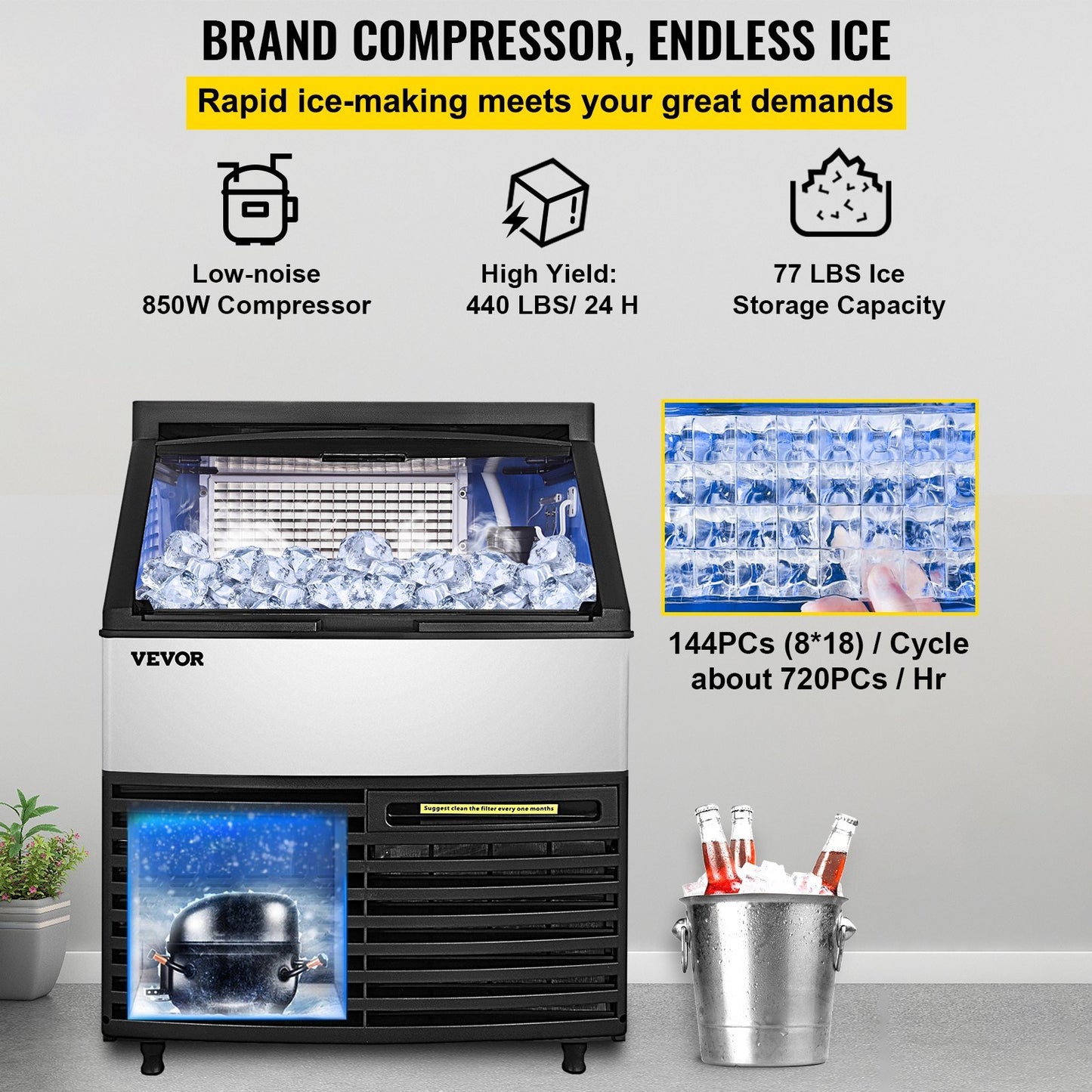 VEVOR 110V Commercial Ice Maker 440LBS/24H with 99LBS Storage Capacity Commercial Ice Machine 144 Ice Cubes Per Plate Include Scoop and Connection Hoses Auto Clean for Bar Home Supermarkets Restaurant