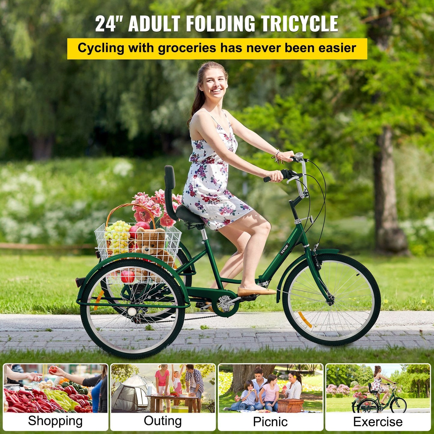 VEVOR Tricycle Adult 24'' Wheels Adult Tricycle 7-Speed 3 Wheel Bikes For Adults Three Wheel Bike For Adults Adult Trike Adult Folding Tricycle Foldable Adult Tricycle 3 Wheel Bike Trike For Adults