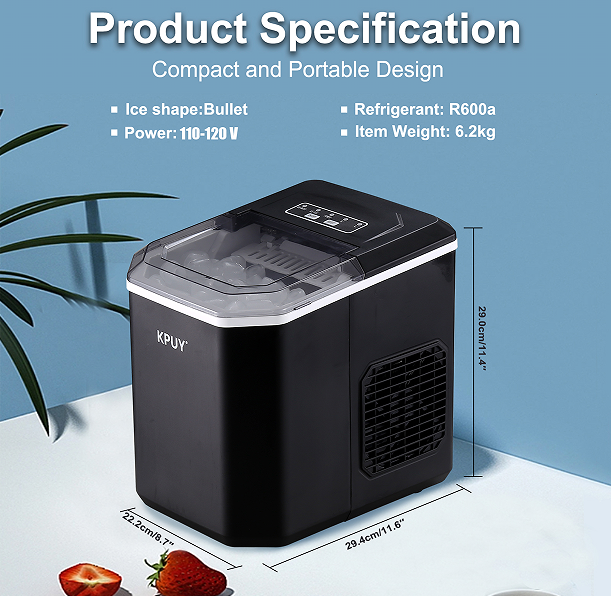 Small portable ice making machine LED display self-cleaning 26 lbs / 24h fast refrigeration, thick foam layer long-acting ice storage, bullets round ice, automatically closed