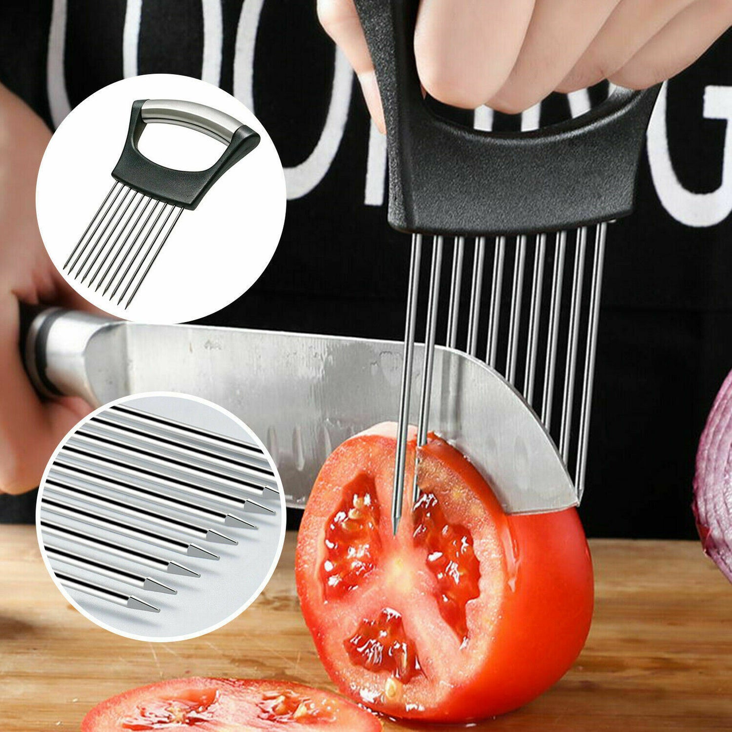 Stainless Steel Onion Holder Slicer Vegetable Tools Tomato Cutter Kitchen Gadget Steel Onion Needle With Cutting Safe Aid Holder Easy Slicer Cutter Tomato Safe Fork Handheld Vegetable Knife Kitchen