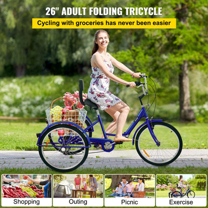 VEVOR Tricycle Adult 26'' Wheels Adult Tricycle 7-Speed 3 Wheel Bikes For Adults Three Wheel Bike For Adults Adult Trike Adult Folding Tricycle Foldable Adult Tricycle 3 Wheel Bike Trike For Adults