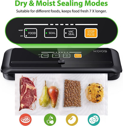 KOIOS Vacuum Sealer Machine, 86Kpa Automatic Vacuum Air food sealer/Built-in Cutter Starter Kit, Dry & Moist Food Preservation Modes, Pulse Function, LED Indicator Lights, Black