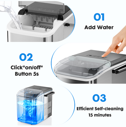 portable ice maker LED display 120W 26 lbs / 24h automatic cleaning, small household, fast refrigeration thick foam layer long effect ice, bullets round ice, automatic closure