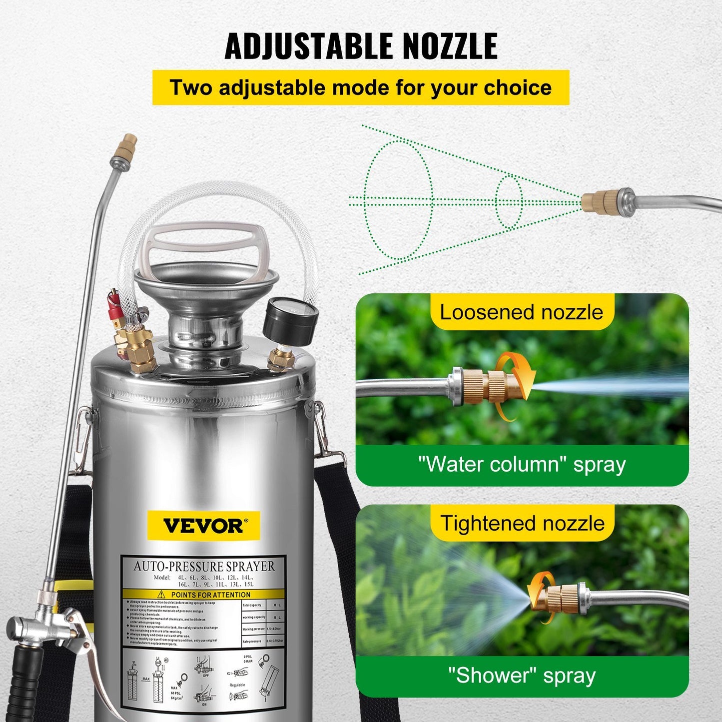 VEVOR 2Gal Stainless Steel Sprayer, Set with 20" Wand& Handle& 3FT Reinforced Hose, Hand Pump Sprayer with Pressure Gauge&Safety Valve, Adjustable Nozzle Suitable for Gardening and Sanitizing