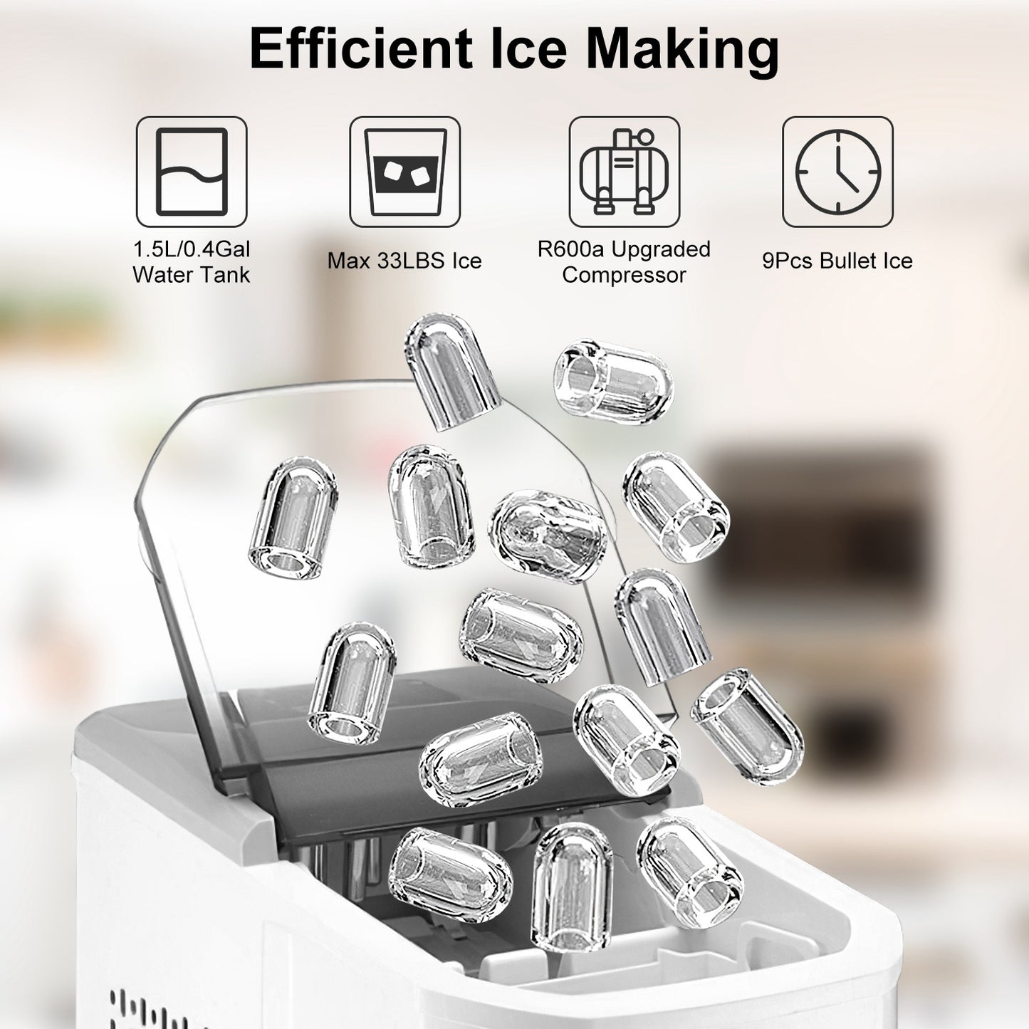 Electric Countertop Ice Maker with Ice Scoop Basket Self-cleaning Max 33LBS/24Hrs Ice Making Machine Bullet Ice Machine for Home Kitchen Office Party Bar RV