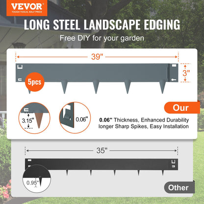 VEVOR Steel Landscape Edging, 5-pack Steel Garden Edging Borders, 39" L x 3" H Strips, Hammer-in Edging Border, Bendable Metal Landscape Edging for Yard, Garden, Lawn, 3.15" Spike Height, Dark Gray