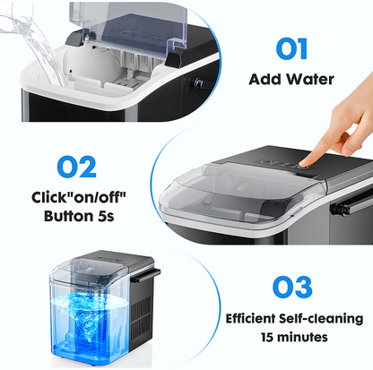 portable ice maker LED display 120W 26 lbs / 24h automatic cleaning, small household, fast refrigeration thick foam layer long effect ice, bullets round ice, automatic closure