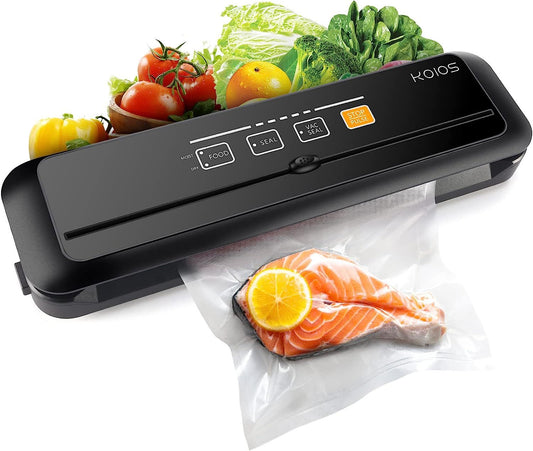 KOIOS Vacuum Sealer Machine, 86Kpa Automatic Vacuum Air food sealer/Built-in Cutter Starter Kit, Dry & Moist Food Preservation Modes, Pulse Function, LED Indicator Lights, Black