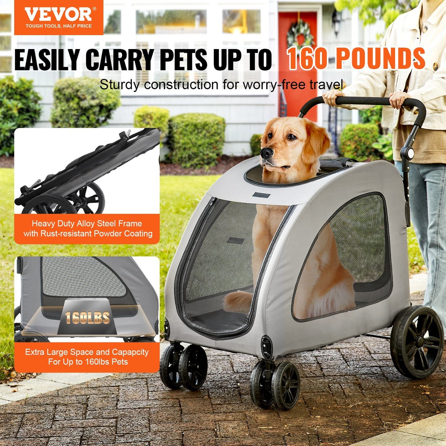 VEVOR Pet Stroller, 4 Wheels Dog Stroller Rotate with Brakes, 160lbs Weight Capacity, Puppy Stroller with Breathable Mesh Windows and Height-Adjustable Height, for Medium and Large Dogs, Dark Grey