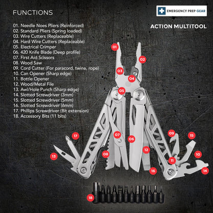 Heavy Duty Multitool | Military Grade Stainless Steel Frame;  Deep Profile Blade;  First Aid Scissors;  Sturdy Pliers;  Cord Cutter;  18 Locking Tools | Survival Multitool;  Camping;  EDC;  Work