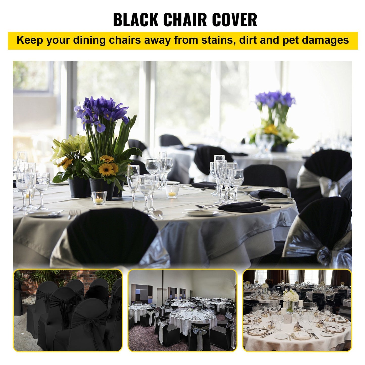 VEVOR 50 Pcs Black Chair Covers Polyester Spandex Stretch Slipcovers for Wedding Party Dining Banquet Arched-Front Chair Covers