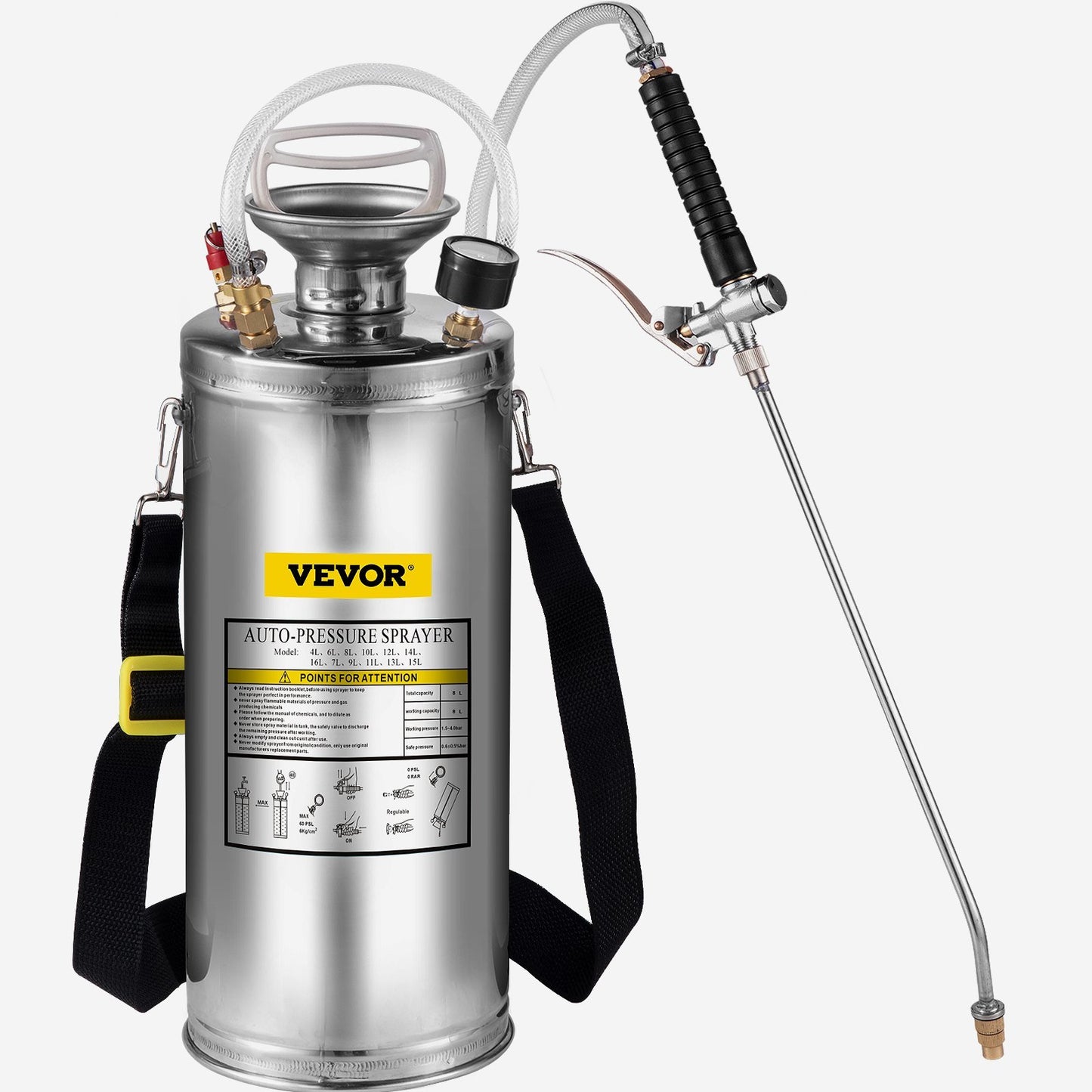 VEVOR 2Gal Stainless Steel Sprayer, Set with 20" Wand& Handle& 3FT Reinforced Hose, Hand Pump Sprayer with Pressure Gauge&Safety Valve, Adjustable Nozzle Suitable for Gardening and Sanitizing