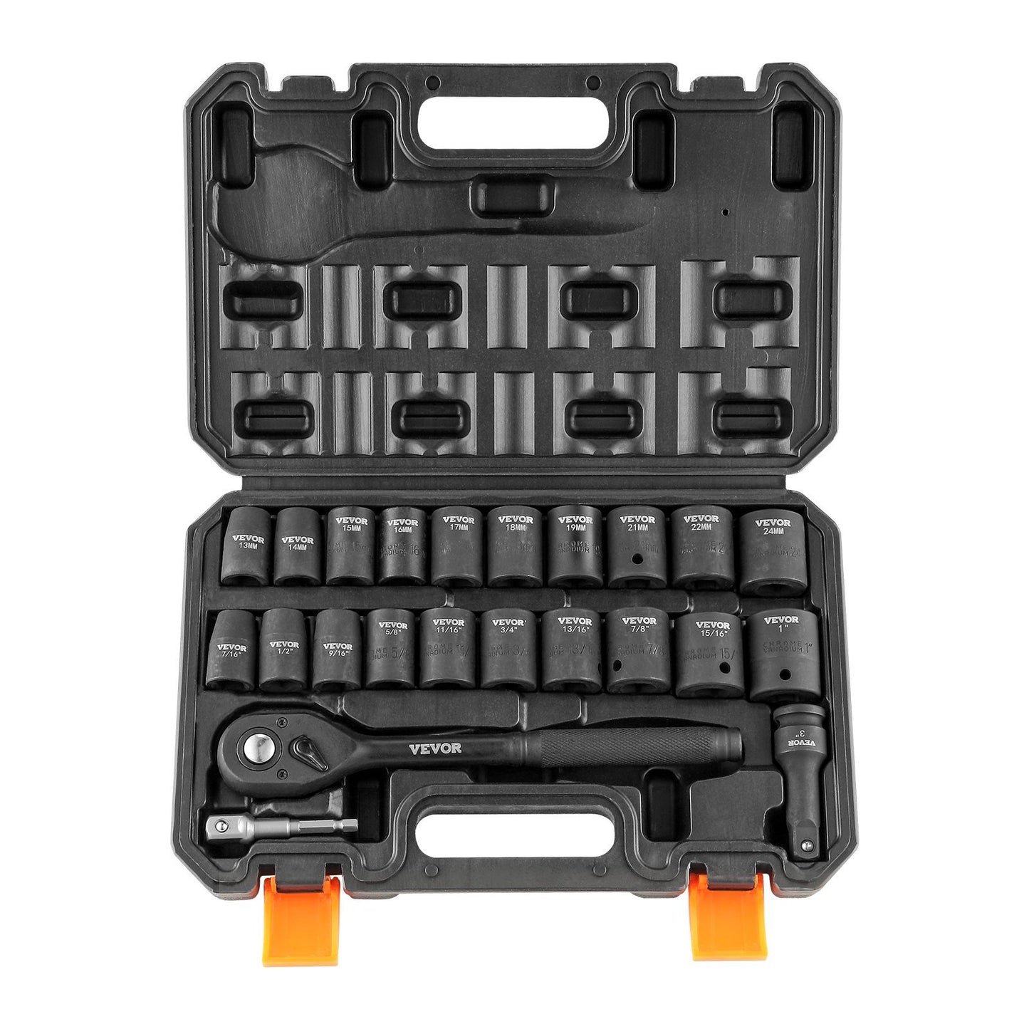 VEVOR 1/2" Drive Impact Socket Set, 23 Piece Socket Set SAE (7/16" -1")& Metric (13-24mm)6 Point Cr-V Alloy Steel for Auto Repair with Ratchet Handle Rugged Construction Storage Case