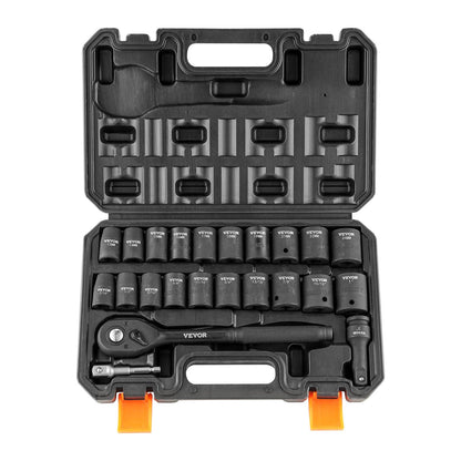 VEVOR 1/2" Drive Impact Socket Set, 23 Piece Socket Set SAE (7/16" -1")& Metric (13-24mm)6 Point Cr-V Alloy Steel for Auto Repair with Ratchet Handle Rugged Construction Storage Case