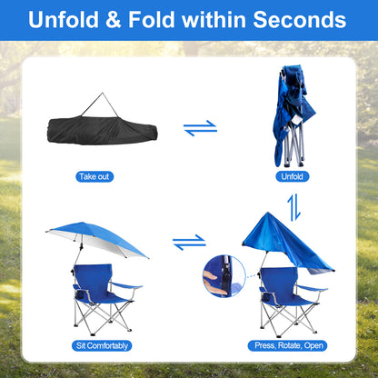 Foldable Beach Chair with Detachable Umbrella Armrest Adjustable Canopy Stool with Cup Holder Carry Bag for Camping Poolside Travel Picnic Lawn Chair