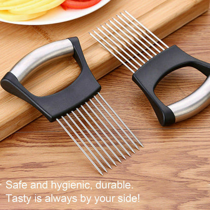 Stainless Steel Onion Holder Slicer Vegetable Tools Tomato Cutter Kitchen Gadget Steel Onion Needle With Cutting Safe Aid Holder Easy Slicer Cutter Tomato Safe Fork Handheld Vegetable Knife Kitchen